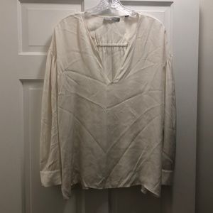 Vince. Silk top. Cream. Long sleeve. Gathered detail on sleeves and back.